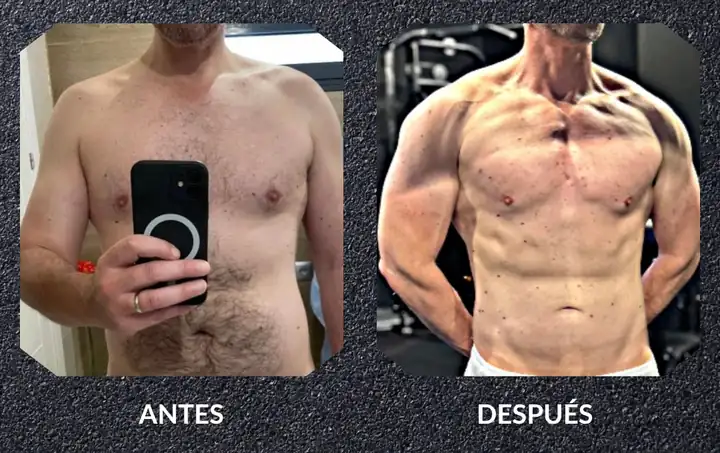 Antes y después de un hombre de 48 años tras 12 meses de entrenamiento de fuerza 1 a 1 en Sevilla y Bormujos
